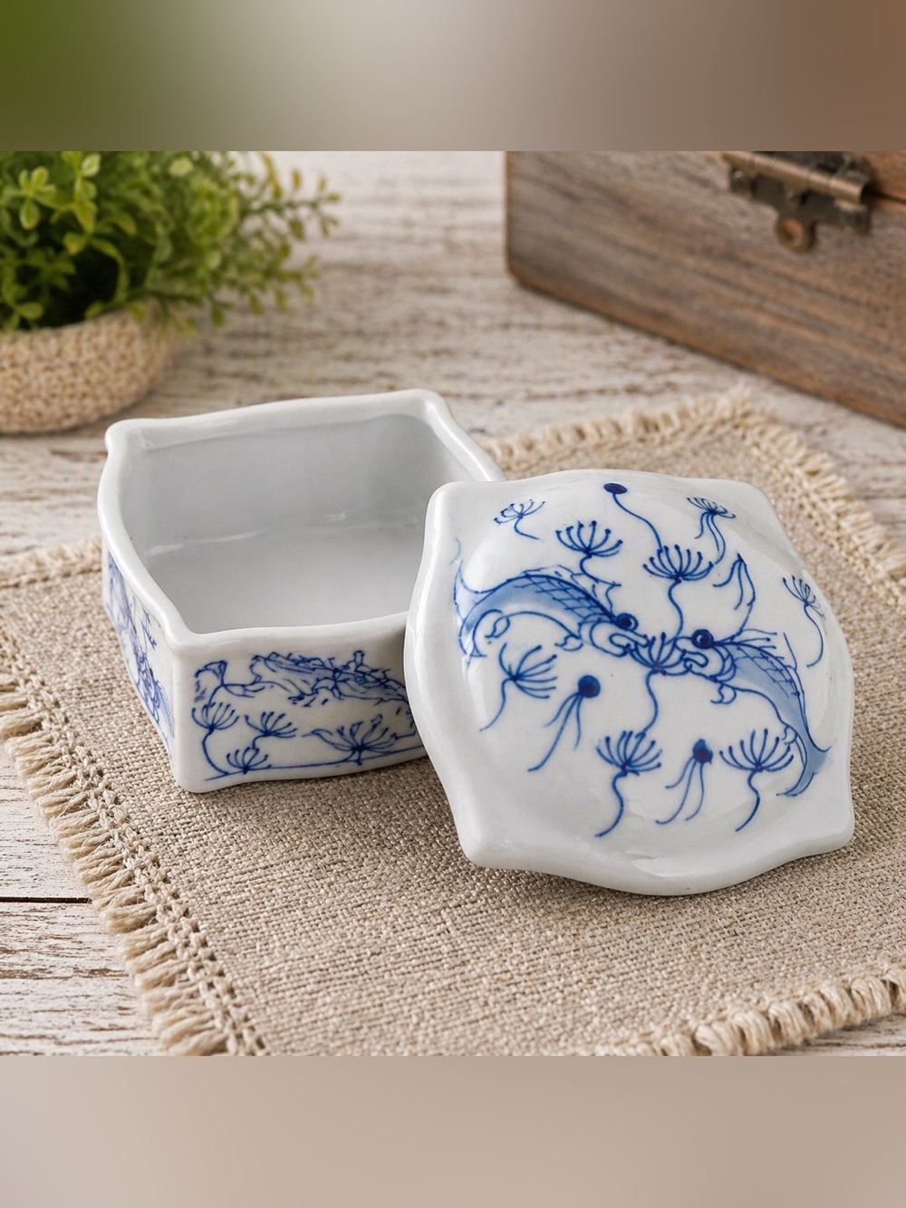 Blue & White Koi Fish Lidded Trinket Box Porcelain Vintage